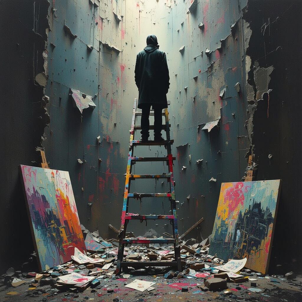 Figure on Crumbling Ladder Amidst Artistic Decay