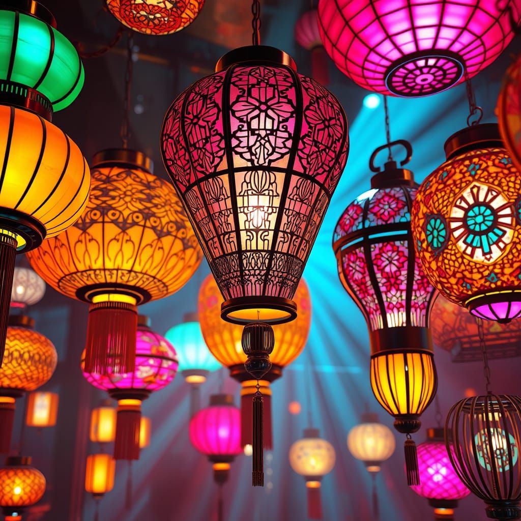 Kaleidoscopic Lanterns in a Futuristic Landscape