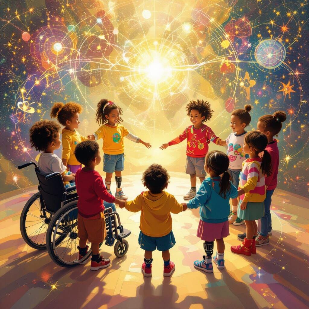 Diverse Children Unite in Welcoming Golden Light, Astral Cos...
