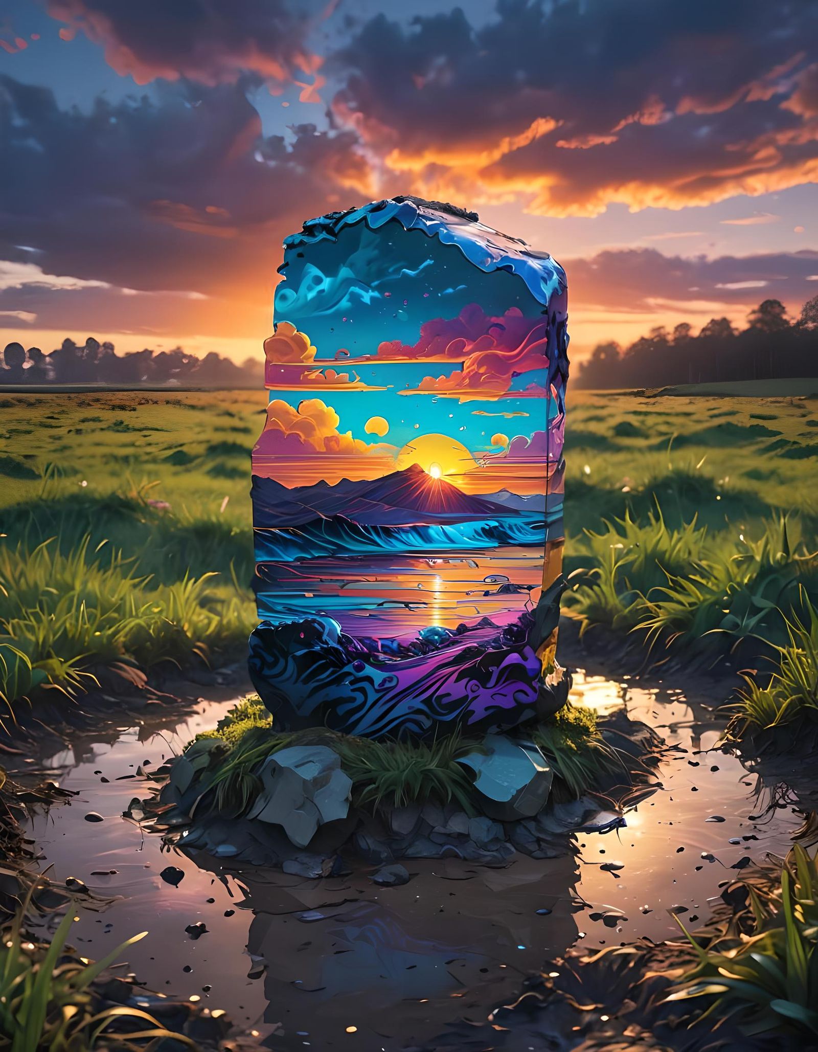 Standing Stone at Sunset in Vaporwave Style