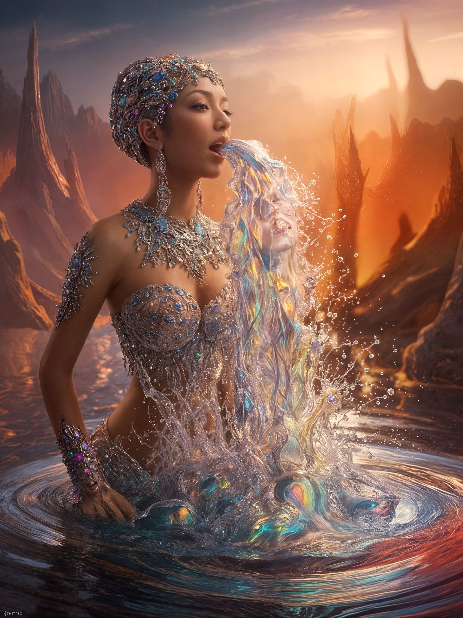 Ethereal Goddess Erupts with Jewels in Vibrant Fantasy Scene