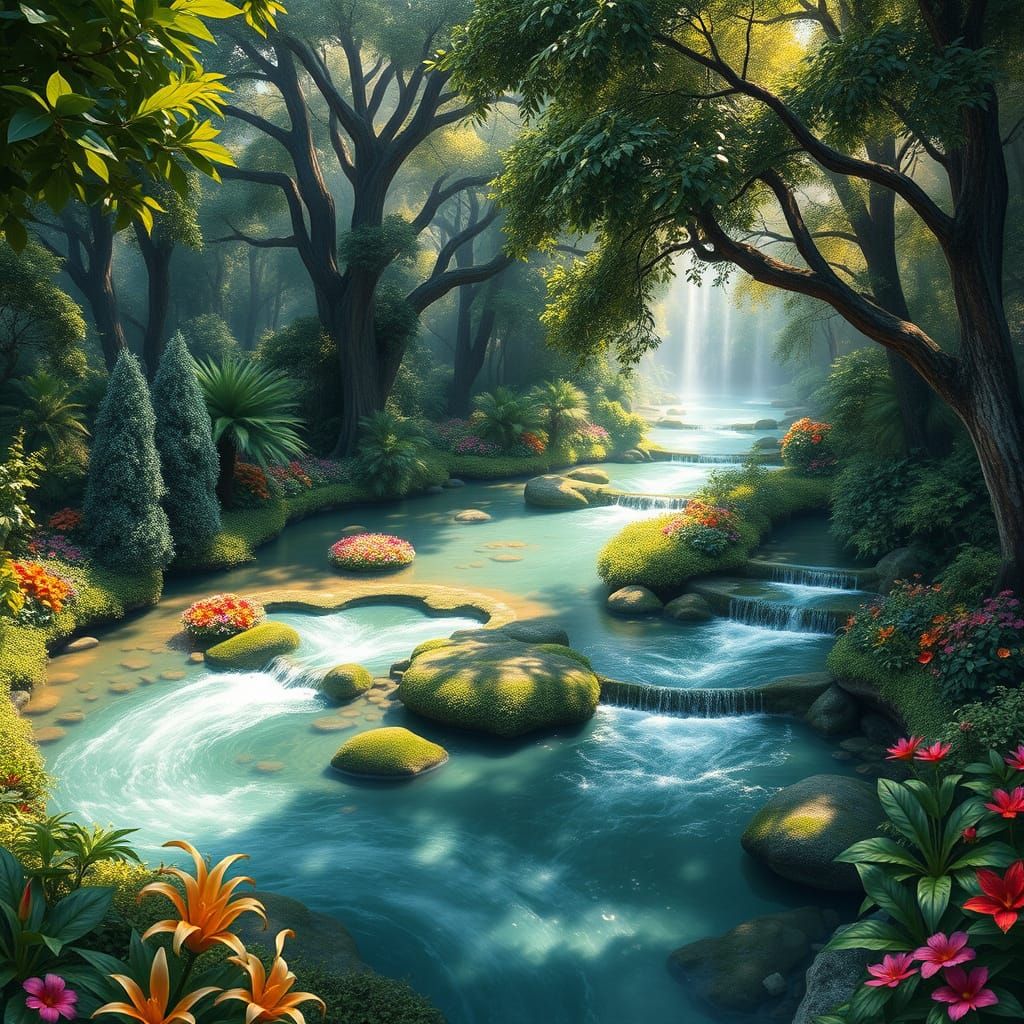 Serene Garden of Eden Panorama in Realistic Style
