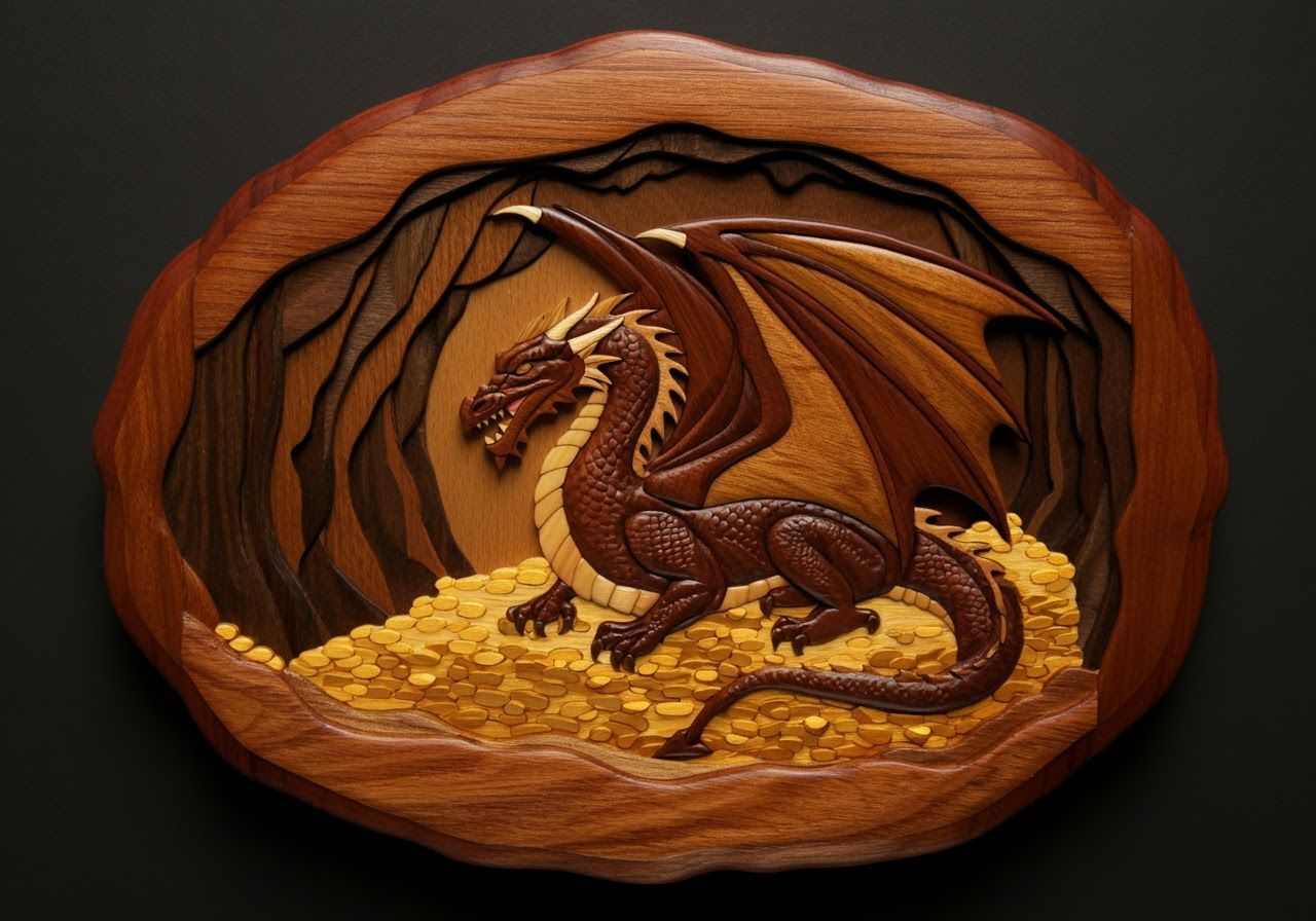 Intarsia Wood Carving: Dragon on Gold