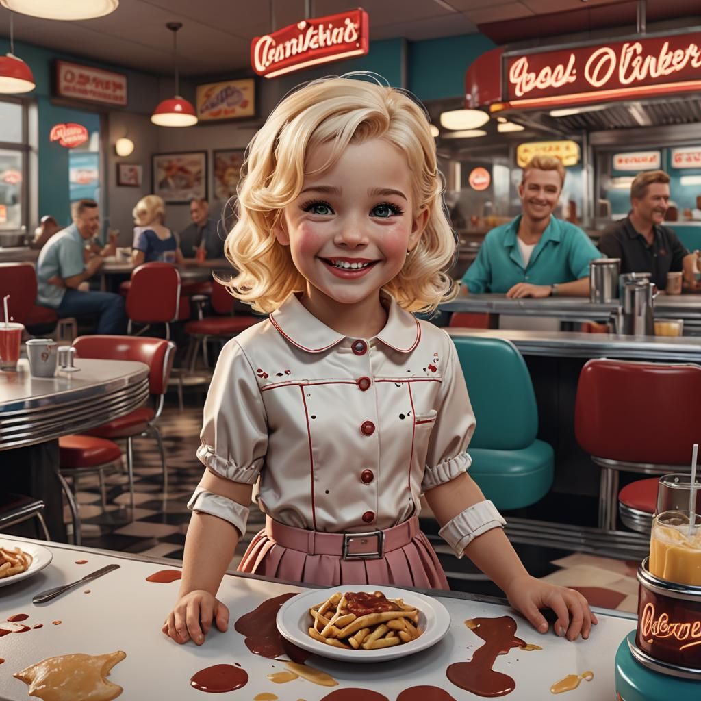Blonde Toddler Girl Smiling in 50's Diner