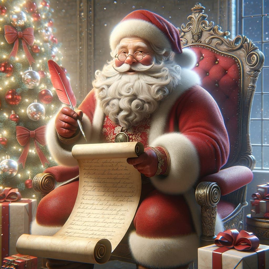Jovial Santa Writing by Festive Tree