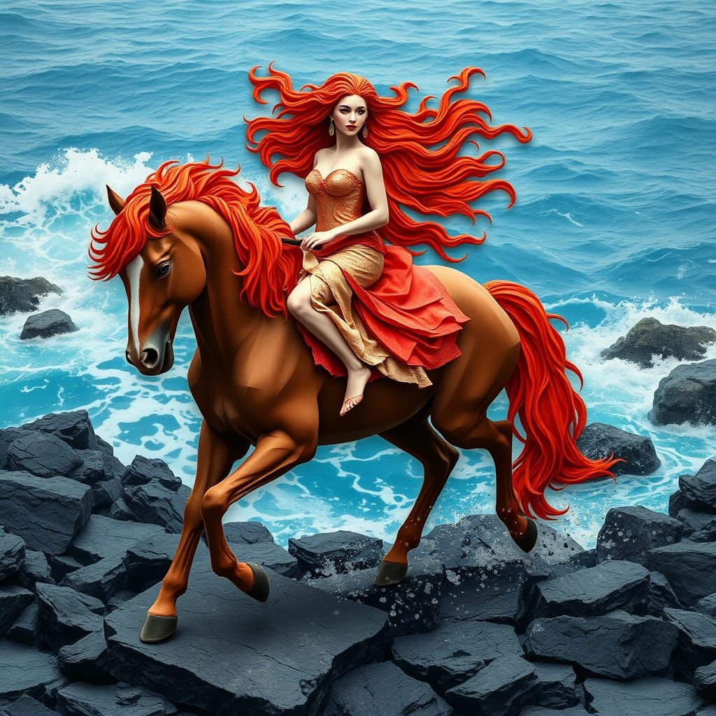 Regal Goddess Rides Majestic Stallion Along Feroa Island Sho...