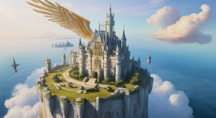 Pegasus Castle in the Sky: Whimsical Watercolor Fantasy