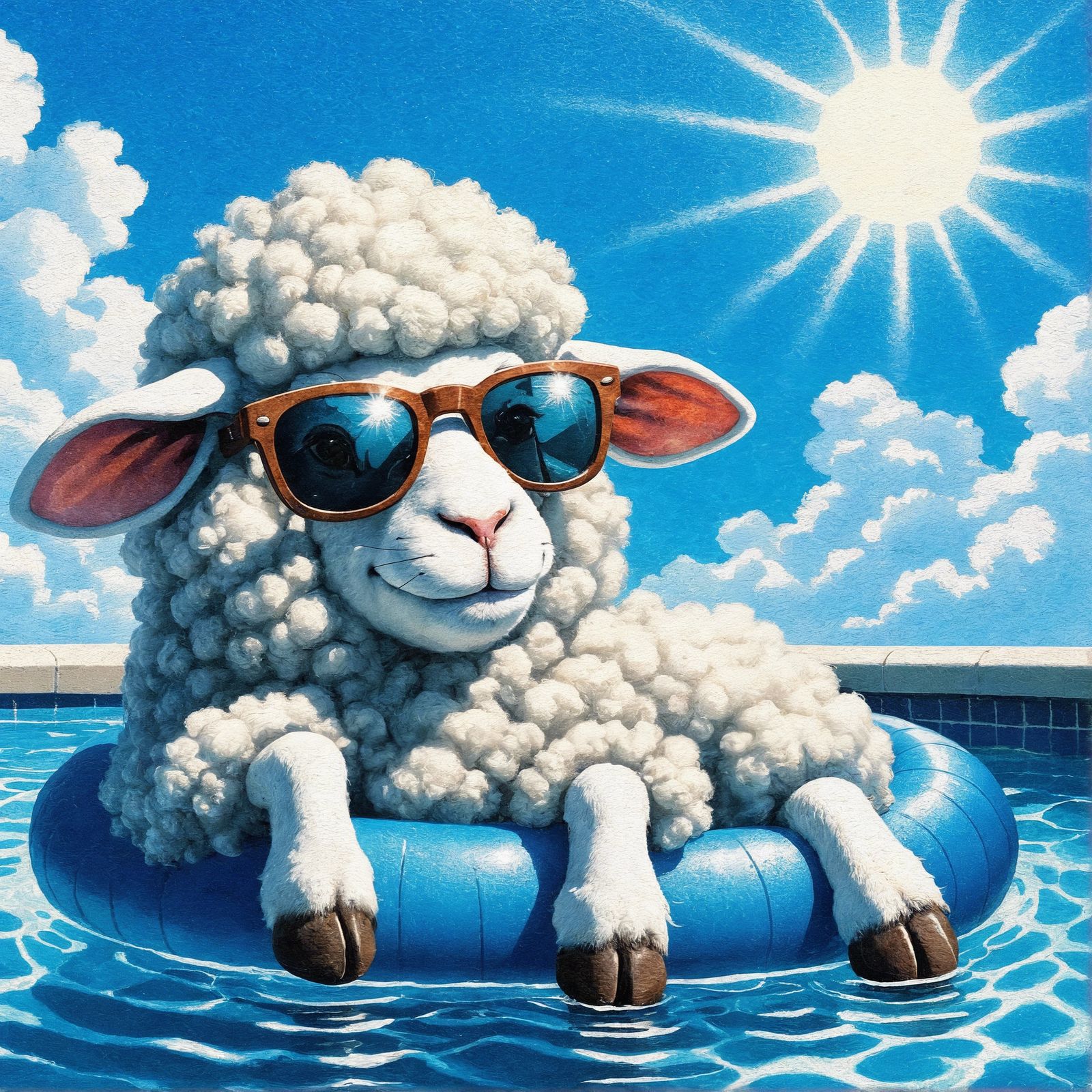 Charming Animated Sheep Lounging in a Pool as Oil Painting