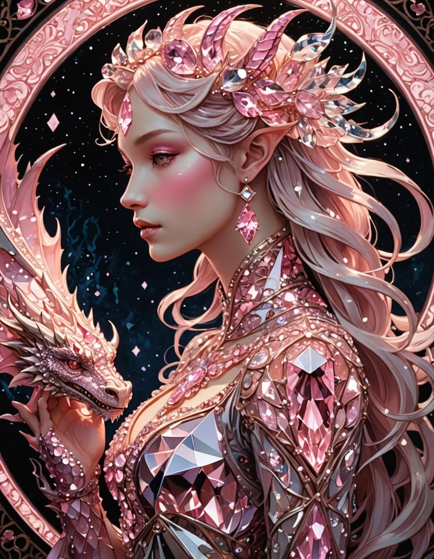 Pink Diamond Crystal Dragon Girl in Art Nouveau Style