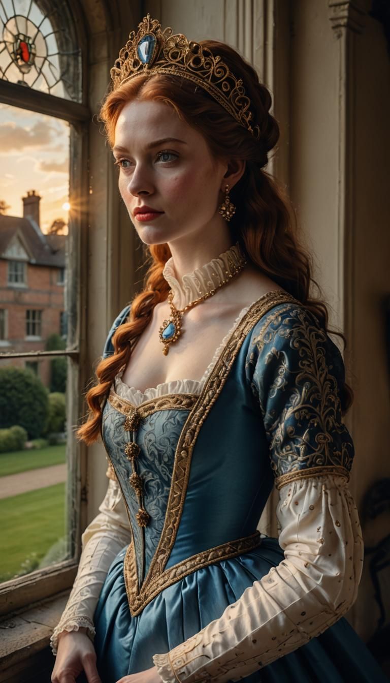Elizabethan Woman at Window in Hyperrealistic Style