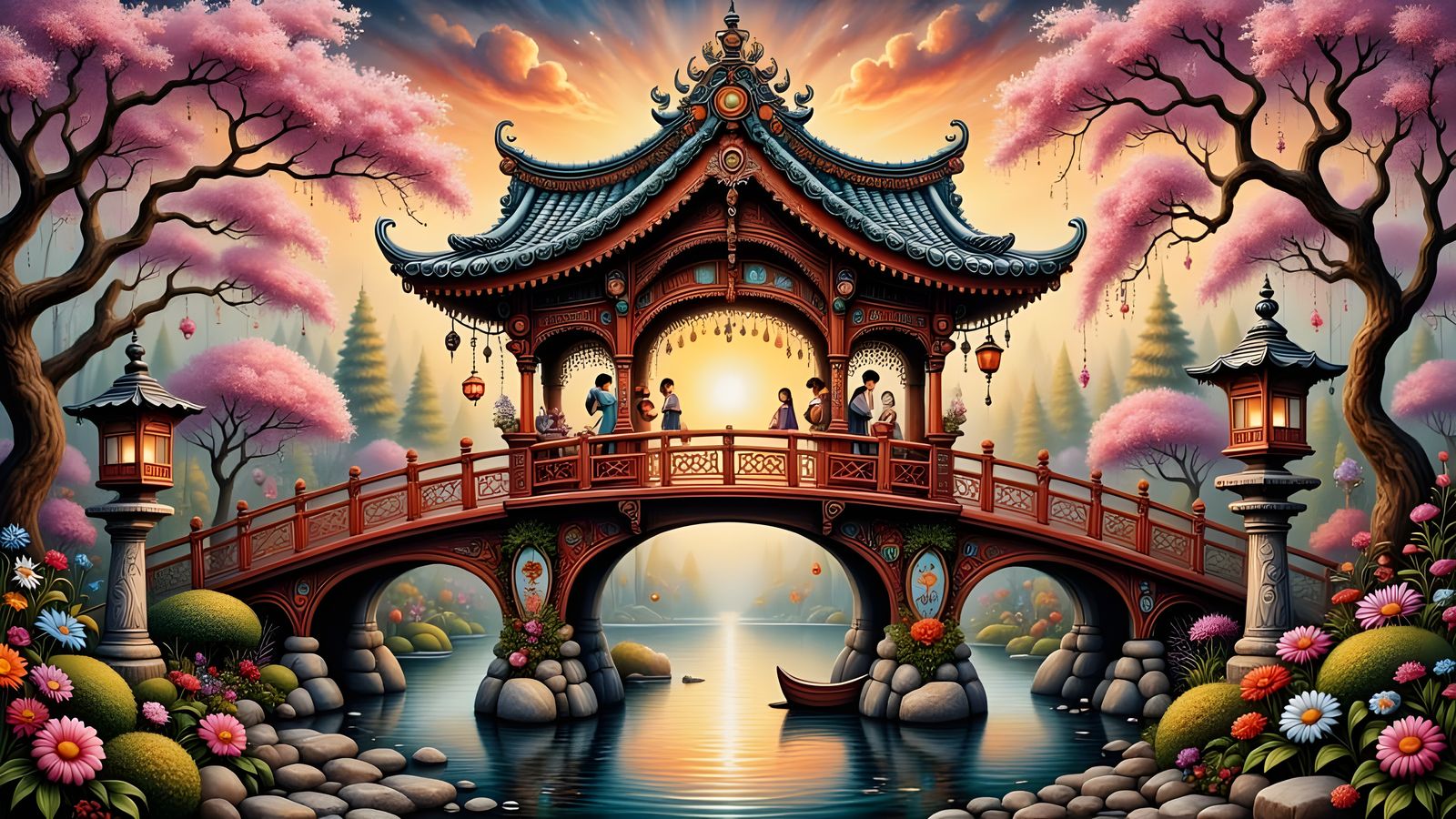 Japanese Bridge at Sunset with Holographic River and Cherry ...