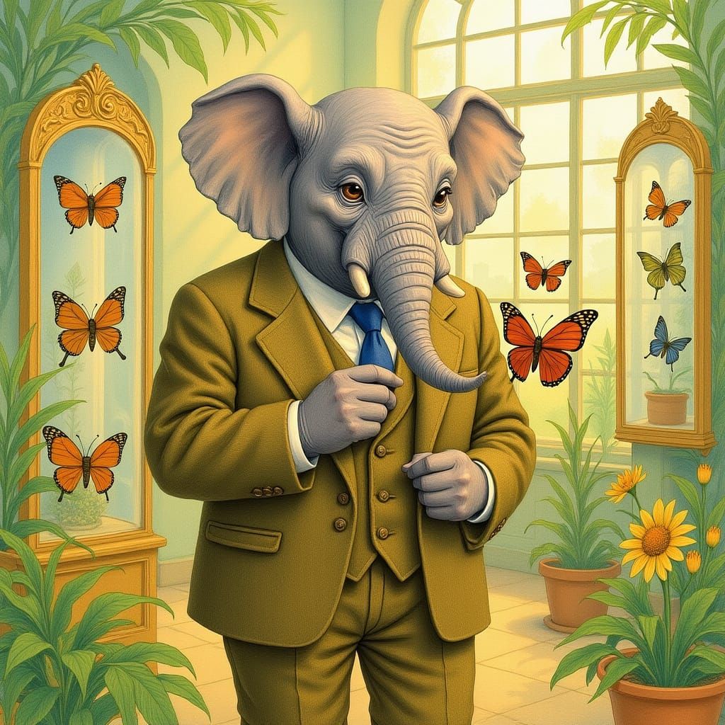 Elephant Naturalist in Victorian Conservatory, Watercolor St...