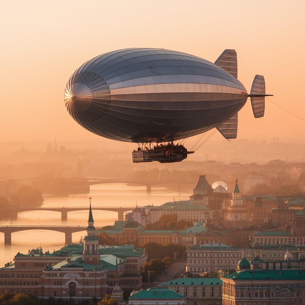 Majestic Zeppelin Over Novosibirsk Cityscape at Sunset