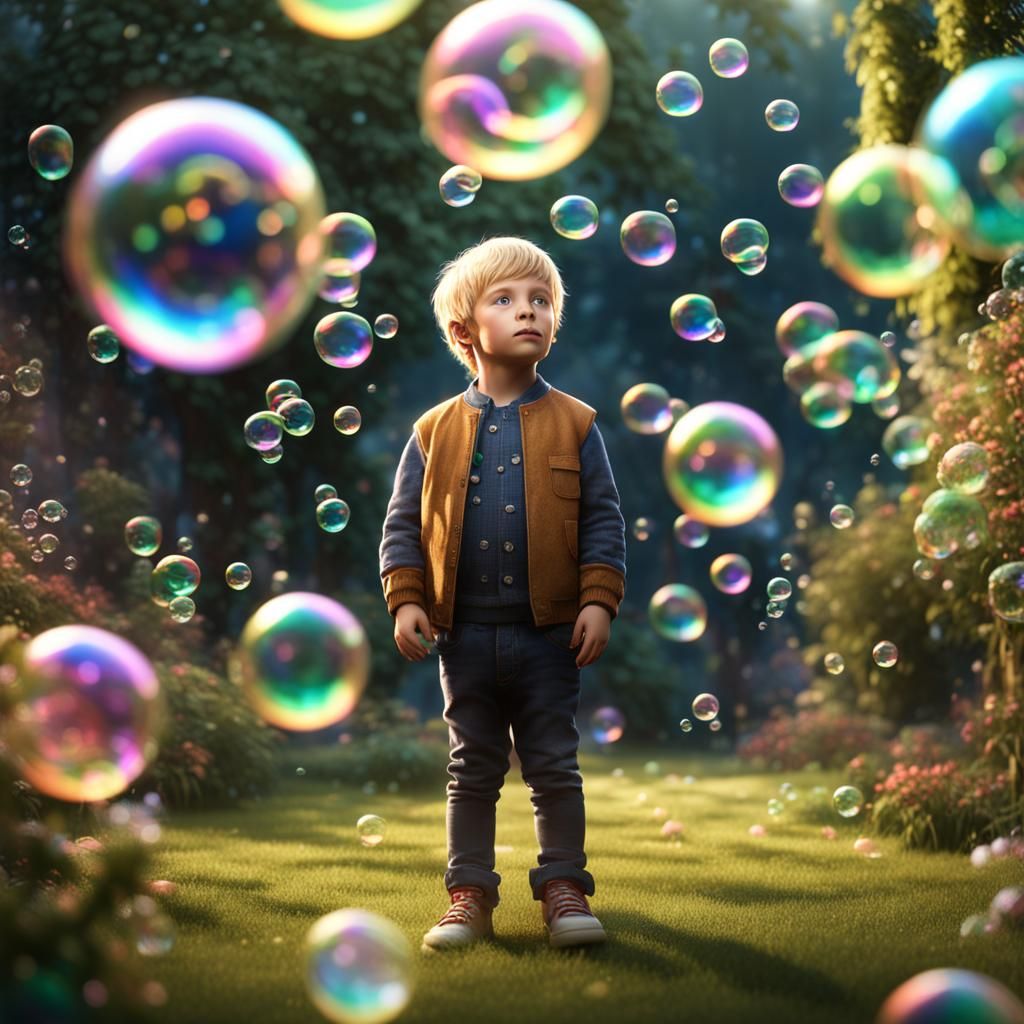 Boy in Garden Surrounded by Soap Bubbles