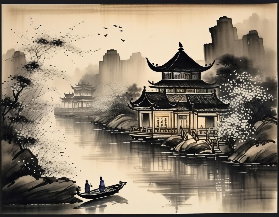 Nighttime Hindu Temple in Chinese Ink Style