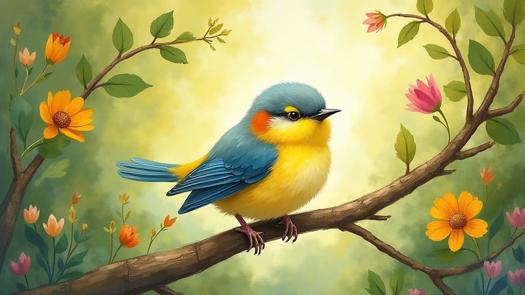 A Whimsical Little Bird Perched in a Sunny Forest