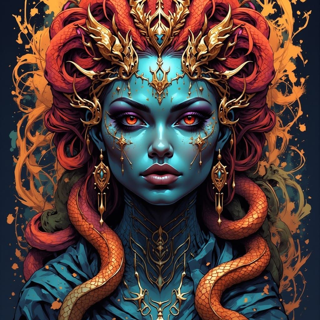 Beautiful and Angry Medusa in Pop Art Style