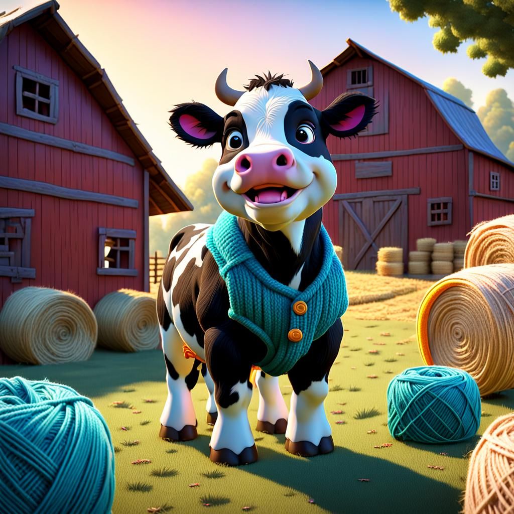 Baby Cow in Yarn Vest: 3D Digital Art