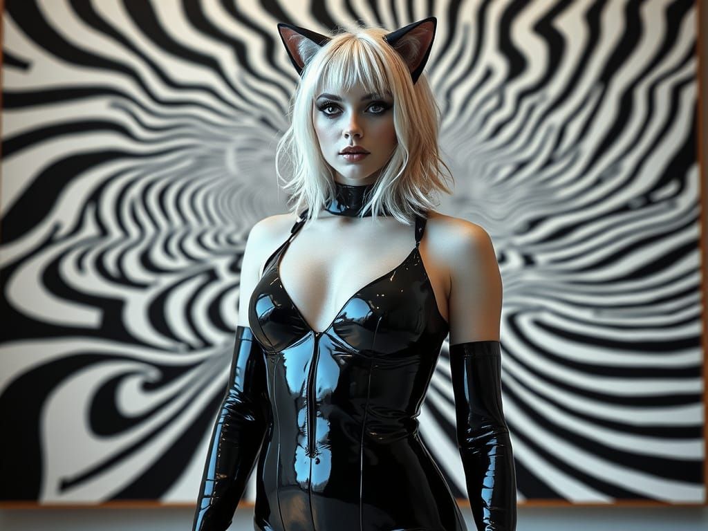 Woman in Op Art Cat Suit in Art Museum