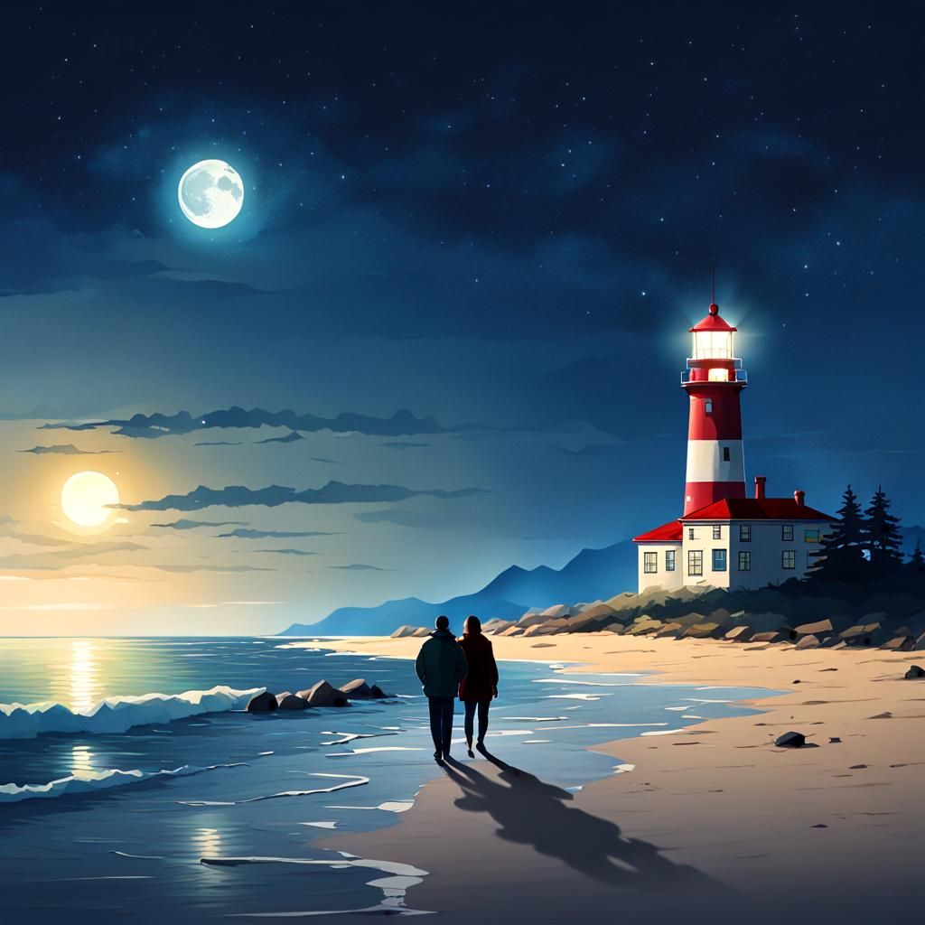 Shining Lighthouse at Night with Beach Walkers