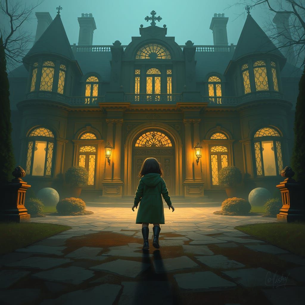 Lucy Enters an Enigmatic Mansion in Dark, Moody Digital Art