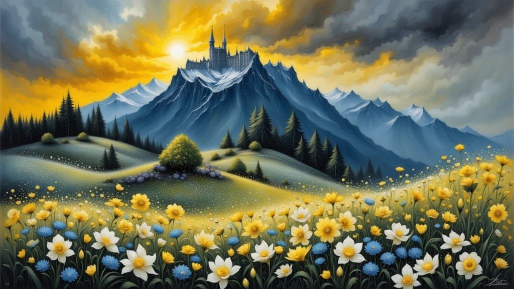 Ethereal Dawn in Enchanted Valley with Daffodil Meadows