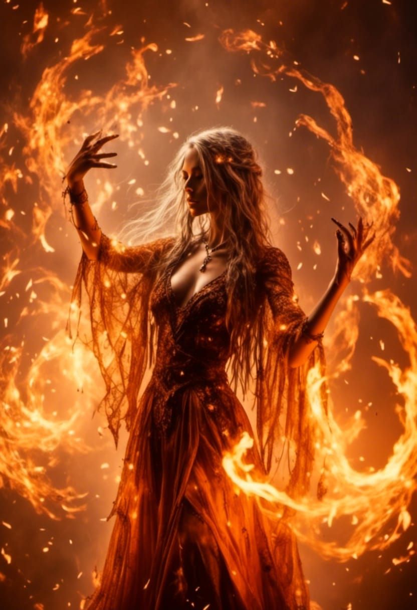 Beautiful Fire Witch Casting Spells with Glowing Runes