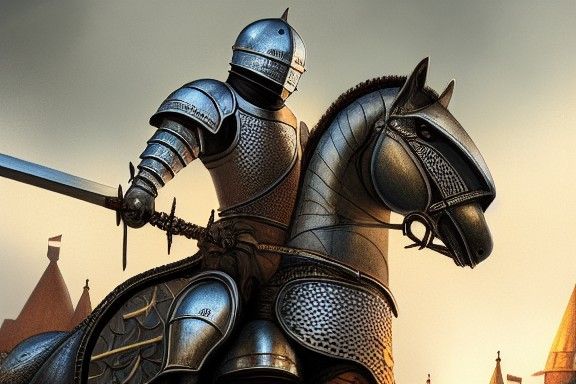 Armored Knight on Horseback Amidst Castle Flames