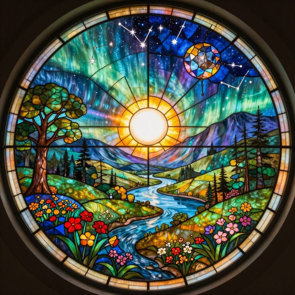 Stained Glass Valley Under Solar Eclipse with Aurora