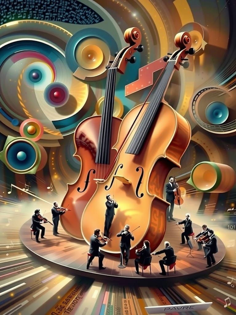 A gargantuan, dark wood violin with a bright inner glow, glo...