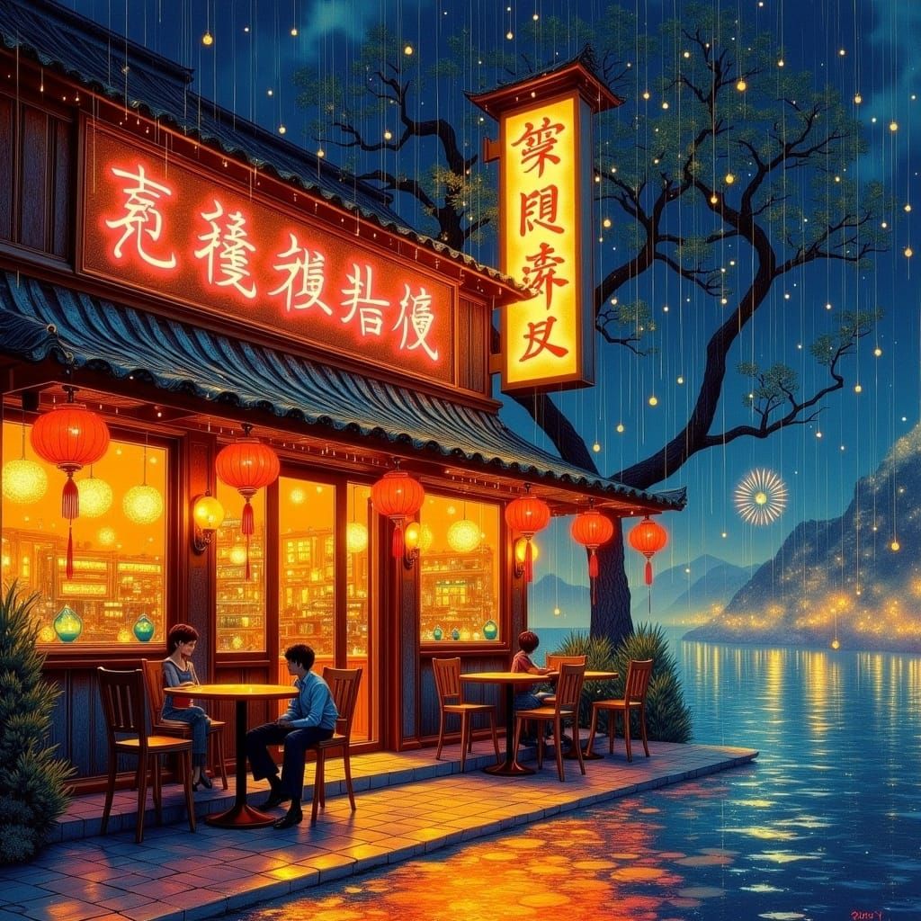 Rainy Night Cafe: Post-Impressionist Watercolor Painting