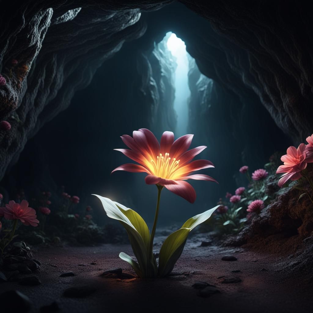 Flower in Dark Cave: Detailed Matte Painting