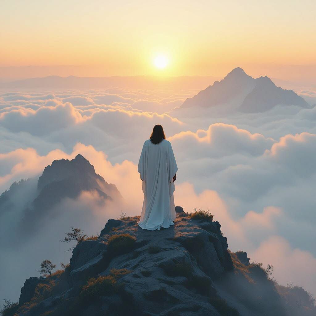 Christ-like Figure in Ethereal Mountain Landscape