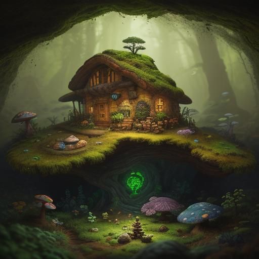 Illuminated Underground Scene with Earth Elemental Gnome