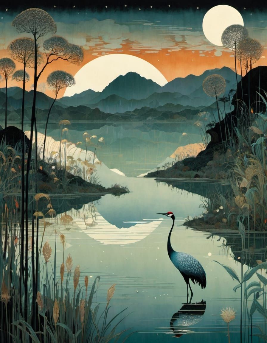 Majestic Cranes Bask in Golden Evening Light