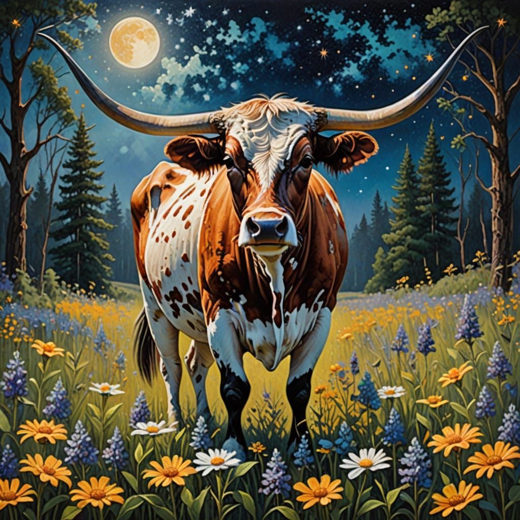 Longhorn Cow in Wildflower Field Acrylic Painting