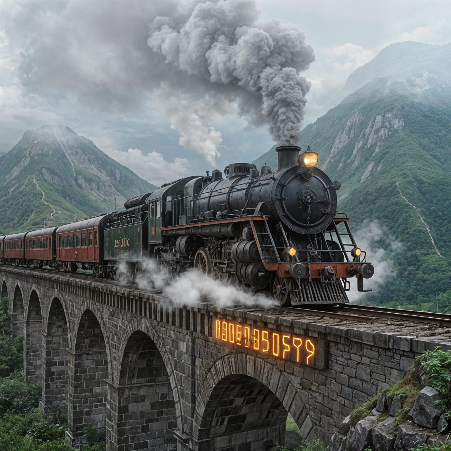 Vintage Train Ascending Mountain Viaduct: Watercolor