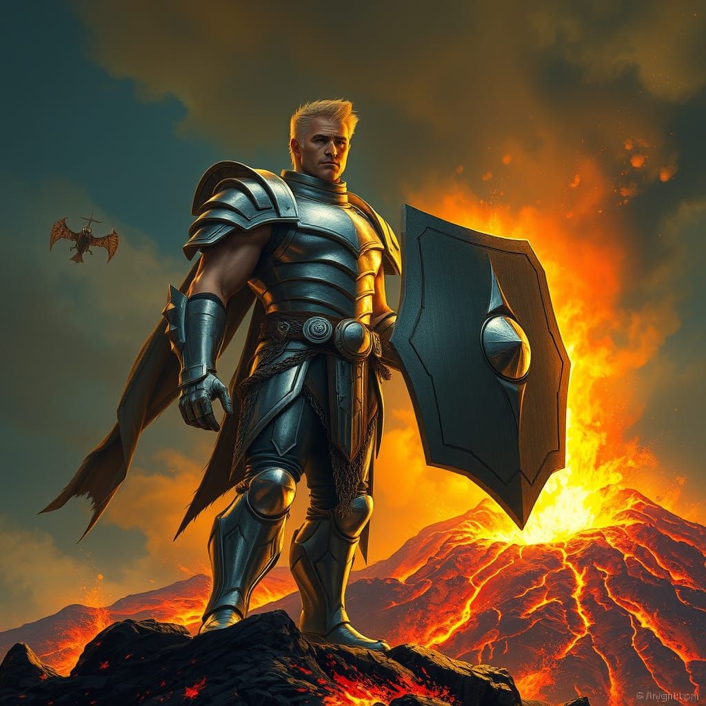 Heroic Figure Radiates Confidence on Fiery Volcano in Dystop...