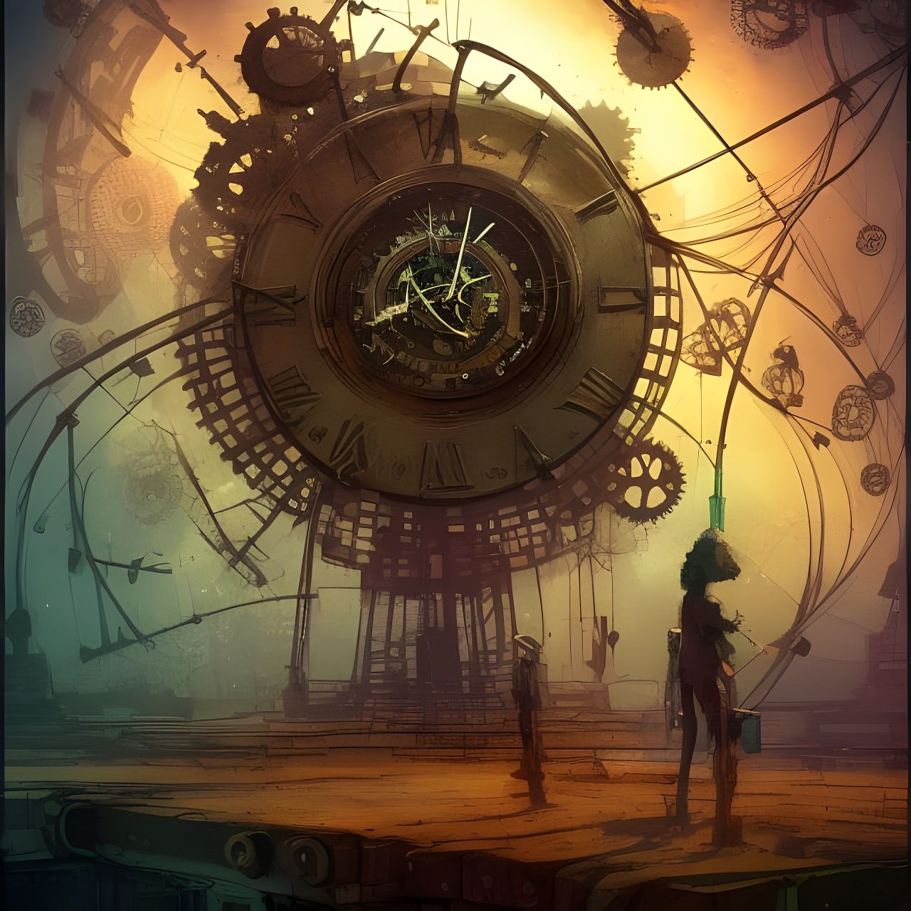 Steampunk Clock Tower in Geometric Ink Painting Style