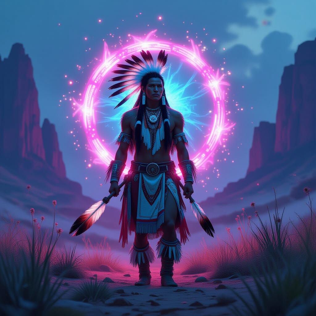 Mystical Native American Warrior with Glowing Aura