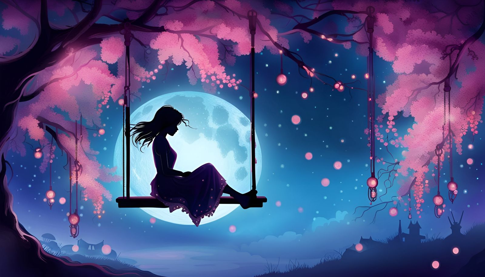 Girl on Swing with Full Moon in Watercolor