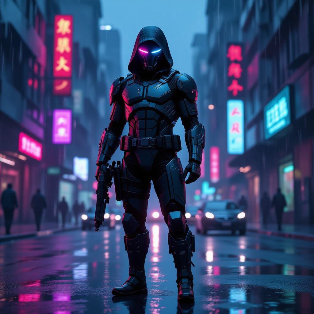 Cyberpunk Superhero Vigilante in Neon Cityscape