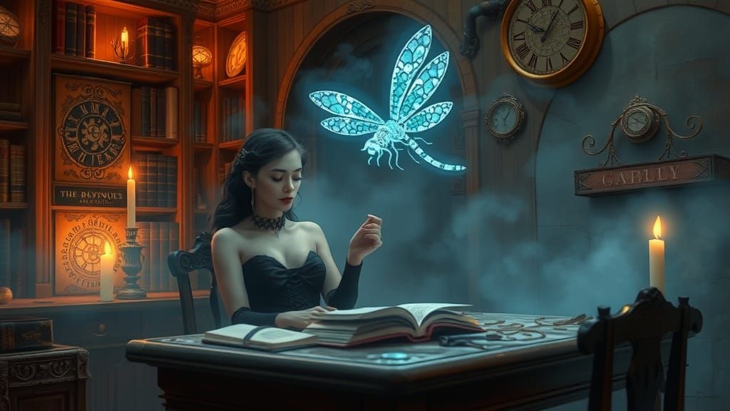 Steampunk Siren in Mystical Library: Surreal Realism