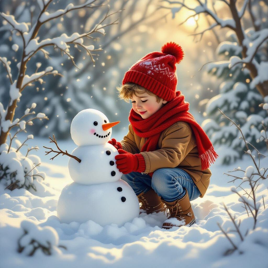 Elf Boy Building Snowman in Magical Winter Garden