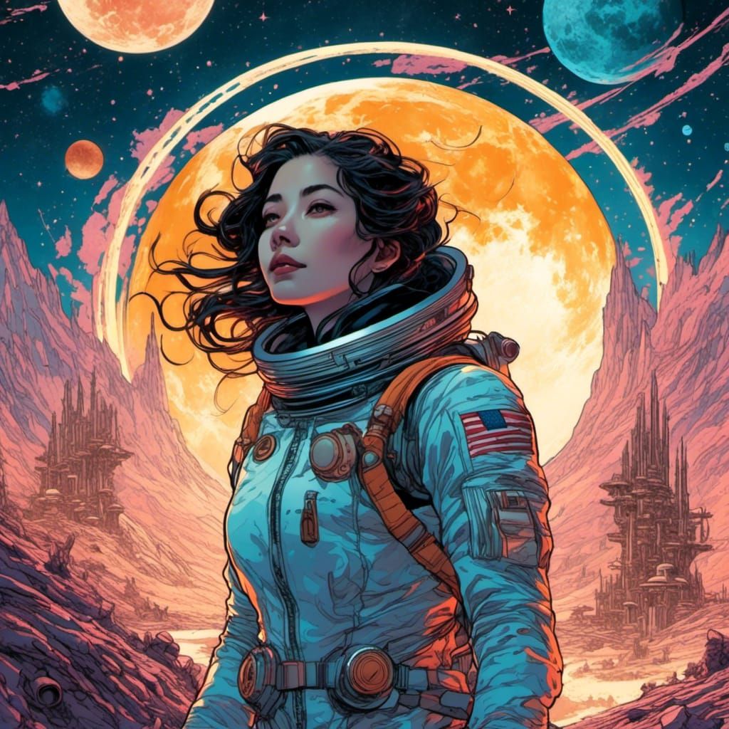 Astronaut Woman on Moon in Comic Book Art