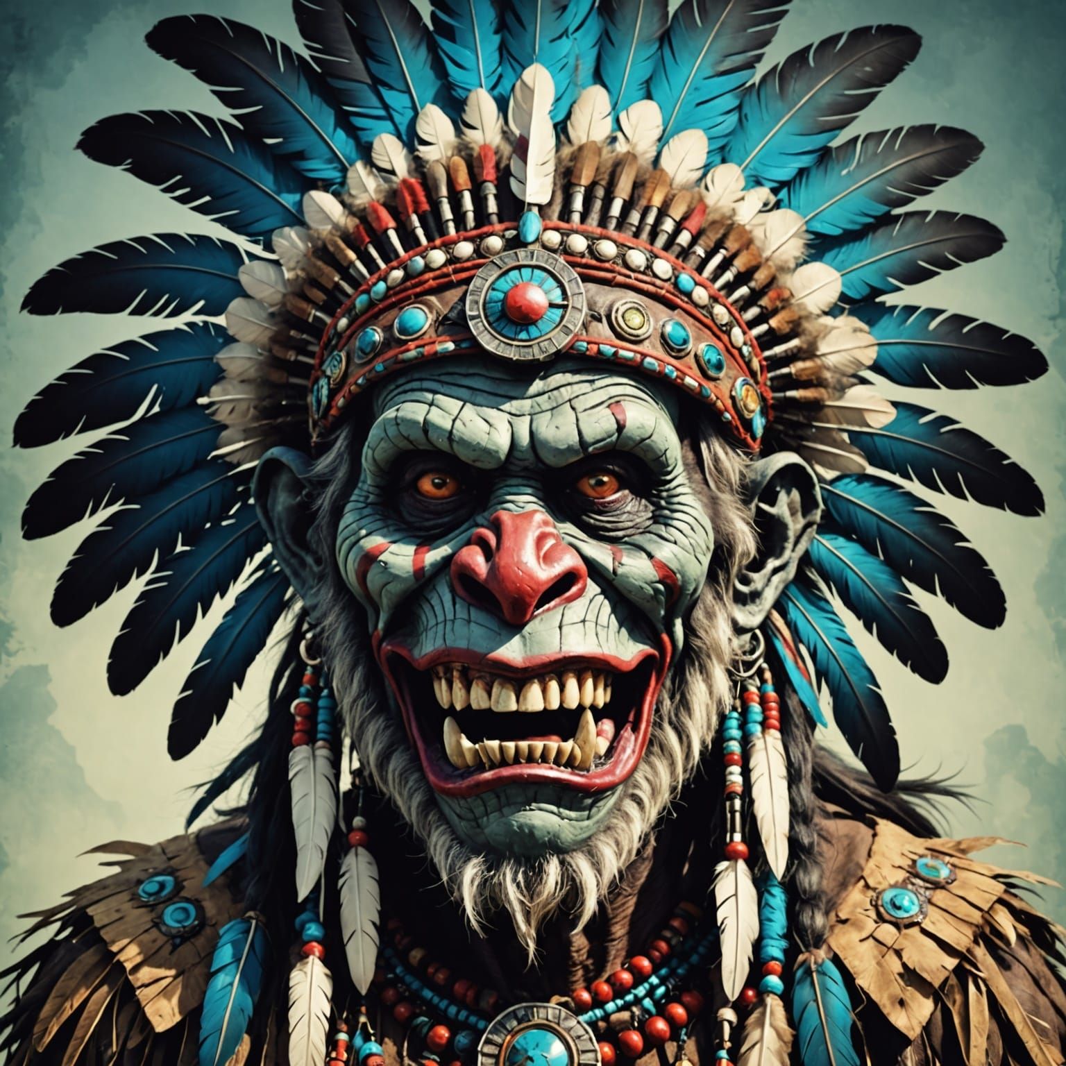 Grinning Tribal Chief in Cyberpunk Horror