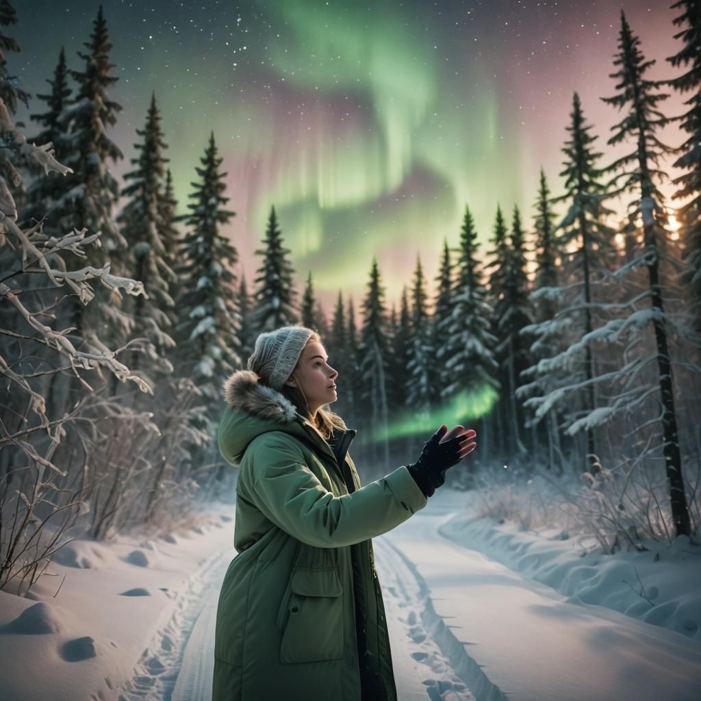 Woman Touches Northern Lights in Snowy Forest