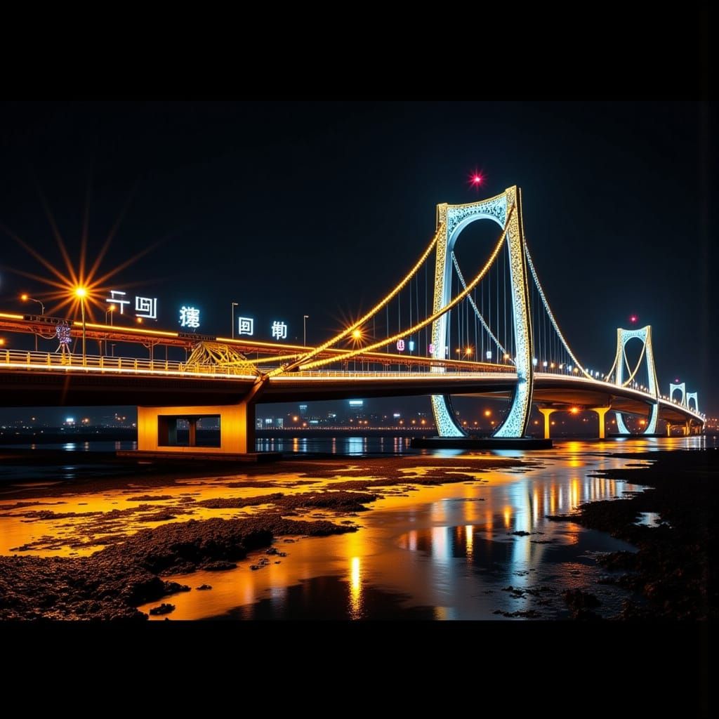 Illuminated Zhongshan Bridge in Futuristic Concept Art