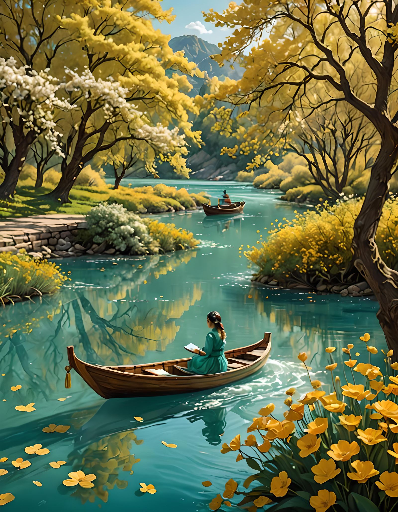 Aqua River Scene with Golden Boat and Girl
