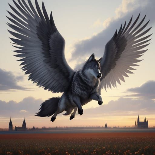 Wolf with Goose Wings Soars Over Autumn Landscape